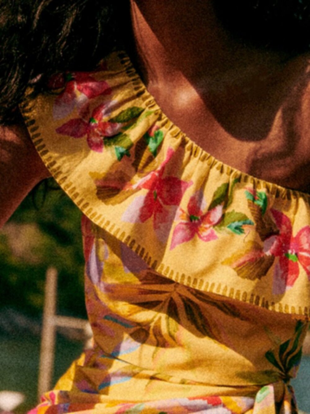 New Sezane Farm Rio Crop Top Yellow Pink Sz 42 10US One-Shoulder Floral Ruffle